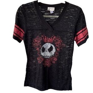 Disney Parks Jack Skellington V-Neck Baseball Tee Large Black Red Semi Sheer GUC